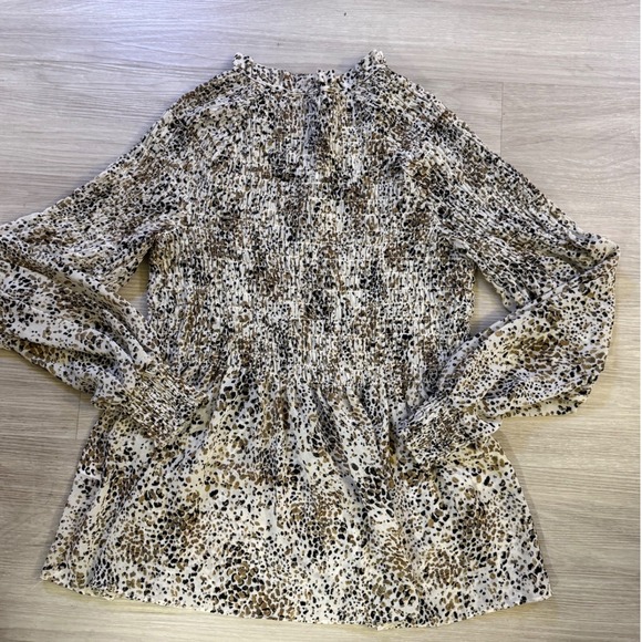 Rose + Olive Animal Print Smocked Peplum Blouse Brown Tan Small - Picture 3 of 10